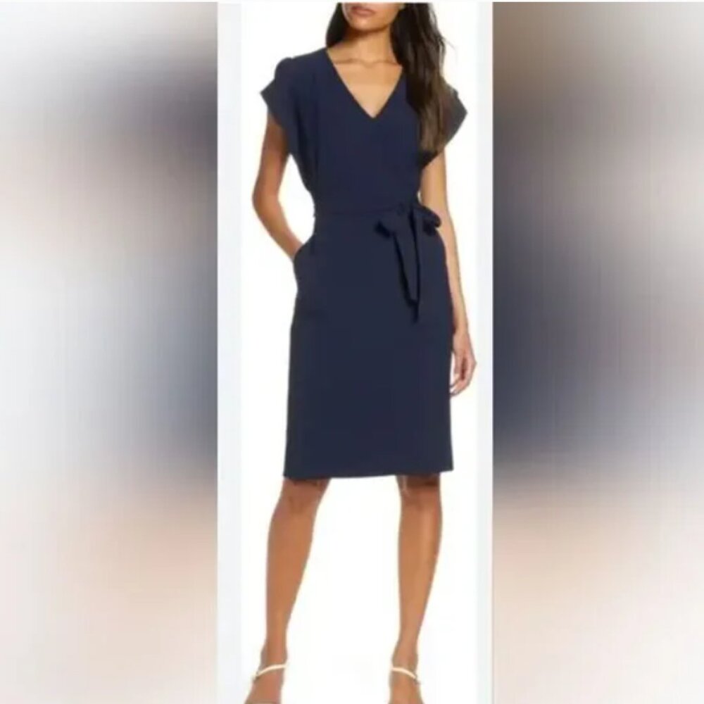 NWT Eliza J Navy Ruffle Sleeve Midi Dress (NO BELT)